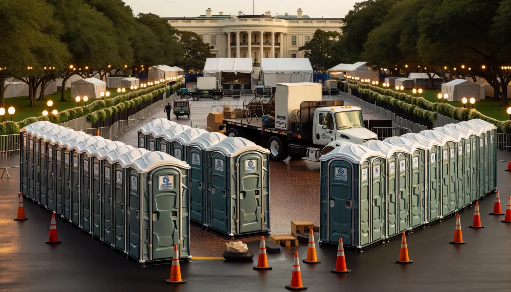 Festival porta potty bank with barricades in Monahans, Texas